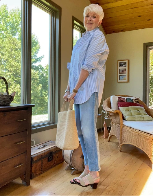Blue striped shirt with cropped jeans cute casual outfit for women over 50
