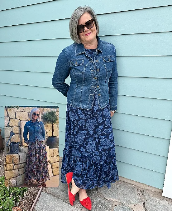 Denim jacket and floral dress trendy outfit for women over 50