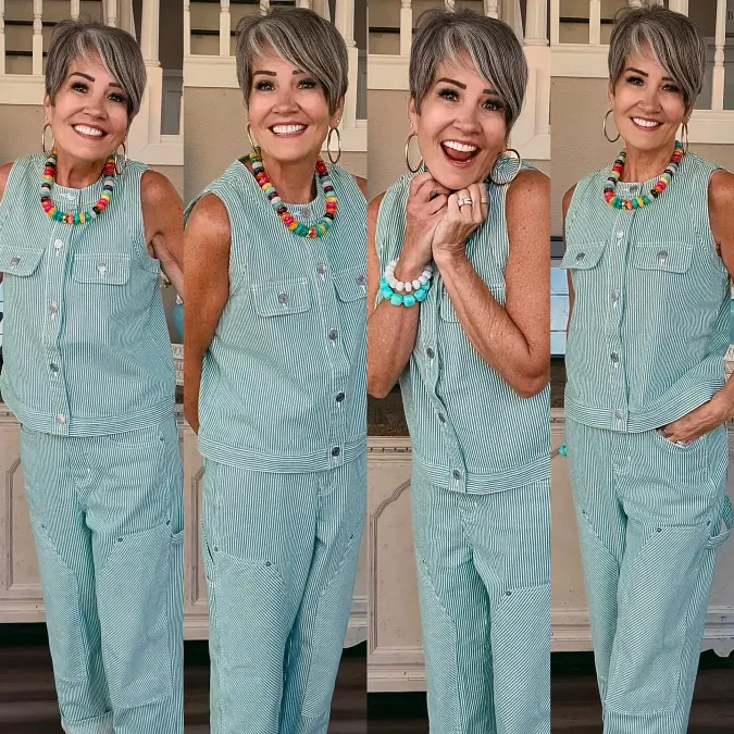 Mint striped vest and matching pants cute outfit for women over 50
