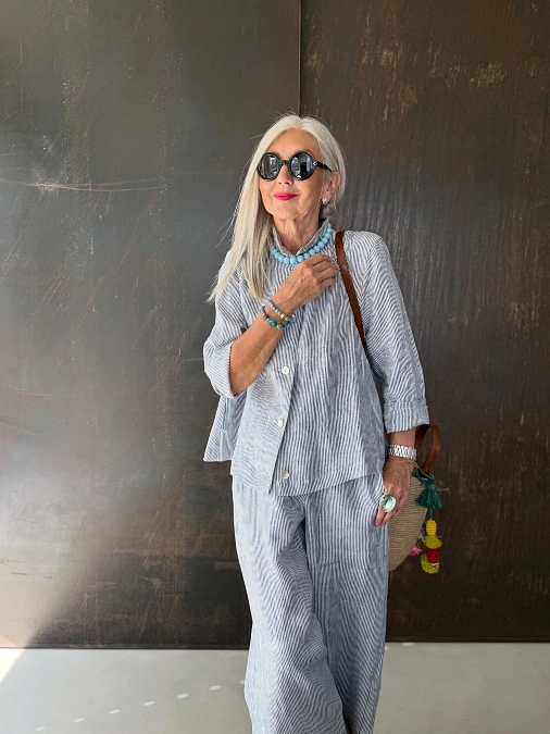 Gray pinstripe co-ord with turquoise jewelry cute outfit for women over 50