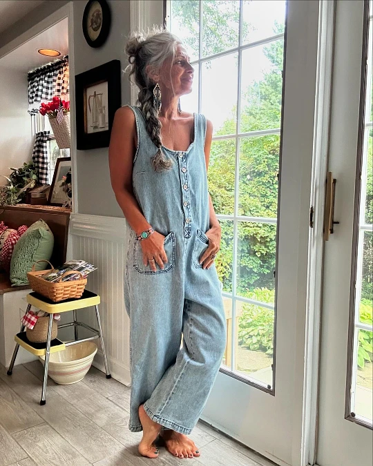 Relaxed light wash denim jumpsuit cute outfit for women over 50