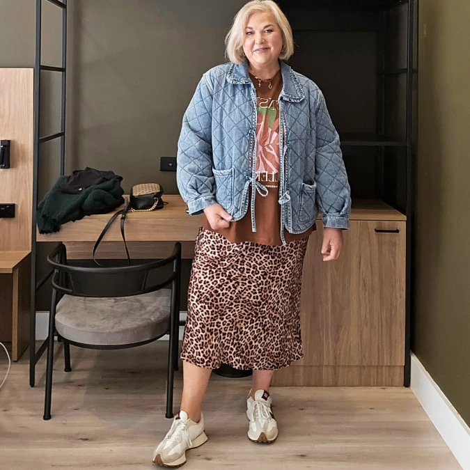 Quilted denim jacket with leopard midi skirt cute outfit for women over 50