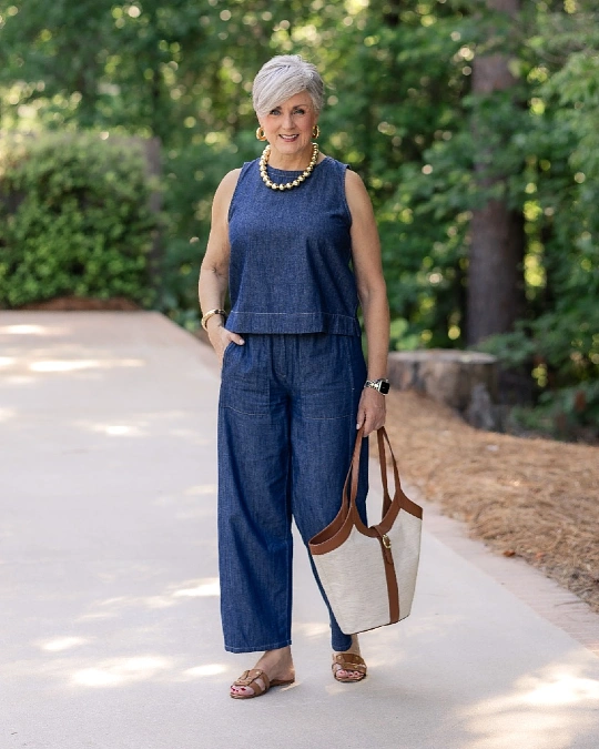 Dark denim matching set trendy outfit for women over 50
