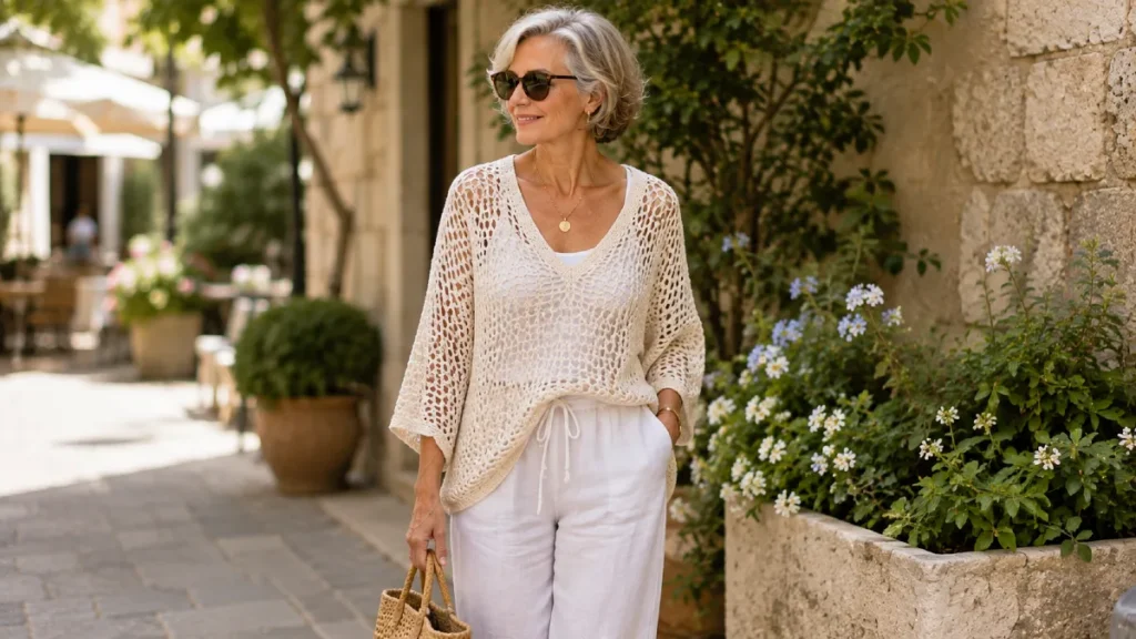 Open weave knit and crochet summer layer for women over 50