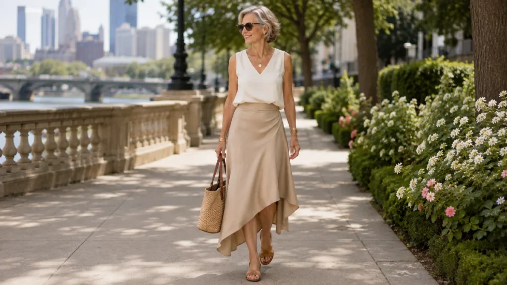 Asymmetric hemline summer skirt outfit for women over 50