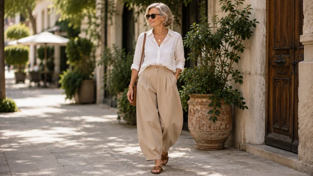 Barrel and balloon pants summer outfit for women over 50
