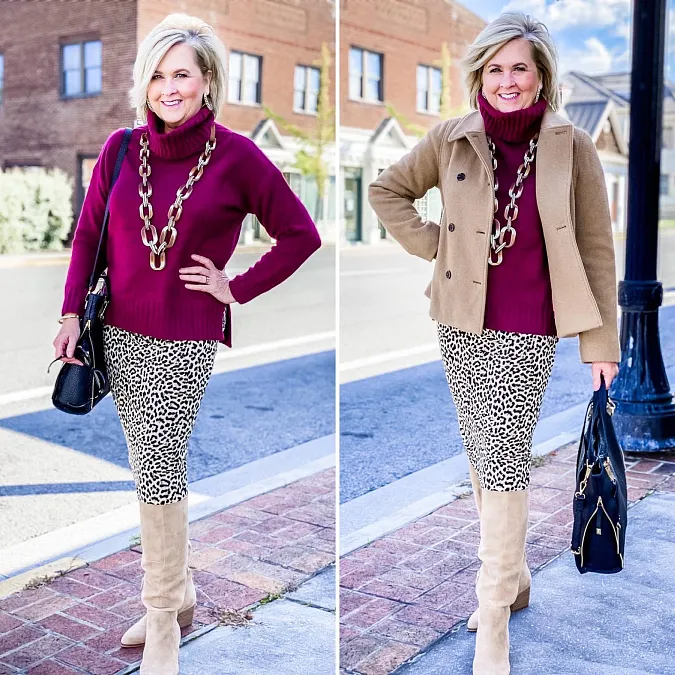 Burgundy knit and leopard skirt trendy outfit for women over 50