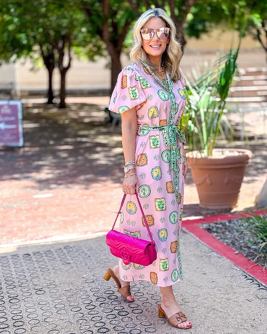 Pink printed midi dress trendy outfit for women over 50