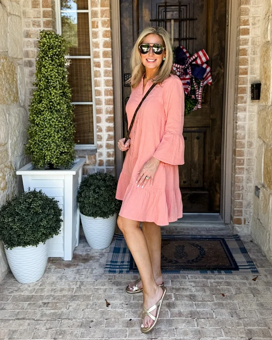 Coral tiered dress trendy outfit for women over 50