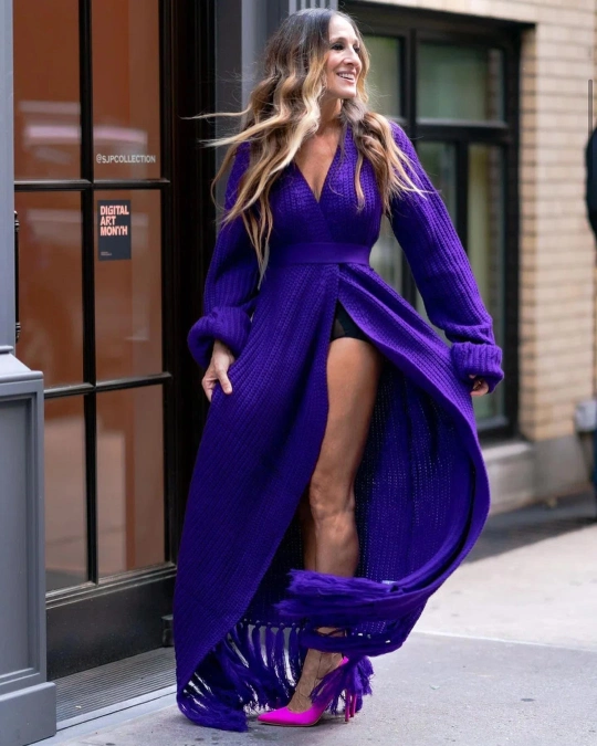 Bold purple knit dress inspired by Sarah Jessica Parker style outfits