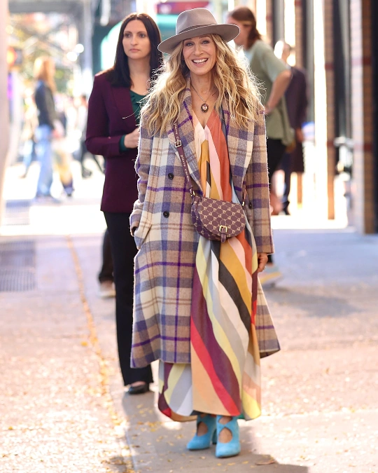 Plaid coat and colorful maxi dress inspired by Sarah Jessica Parker style outfits