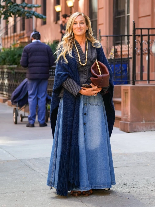 Denim maxi skirt and navy layers inspired by Sarah Jessica Parker style outfits
