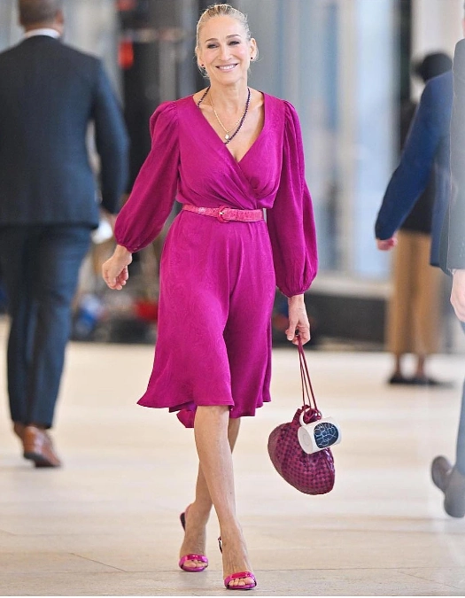 Magenta belted midi dress inspired by Sarah Jessica Parker style outfits