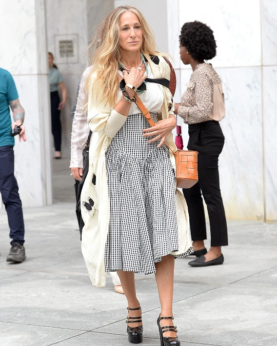 Gingham skirt and cream layers inspired by Sarah Jessica Parker style outfits