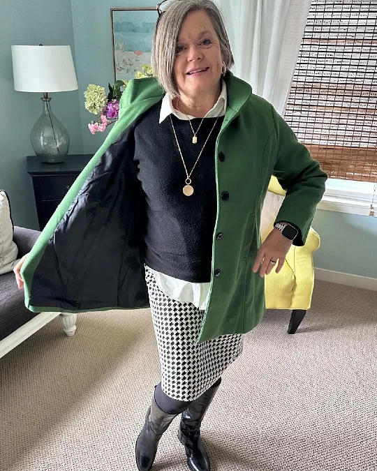 Green coat with houndstooth skirt everyday outfit for women over 50