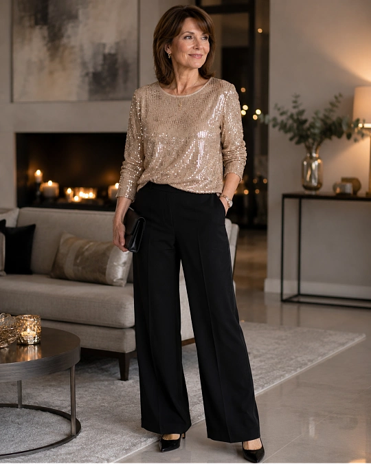Festive New Year’s Eve outfit for women over 50 with one statement piece