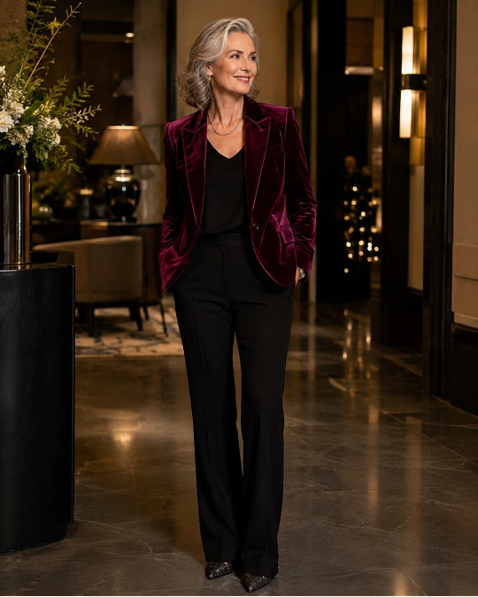 Velvet blazer dark trousers and simple top New Year’s Eve outfit over 50