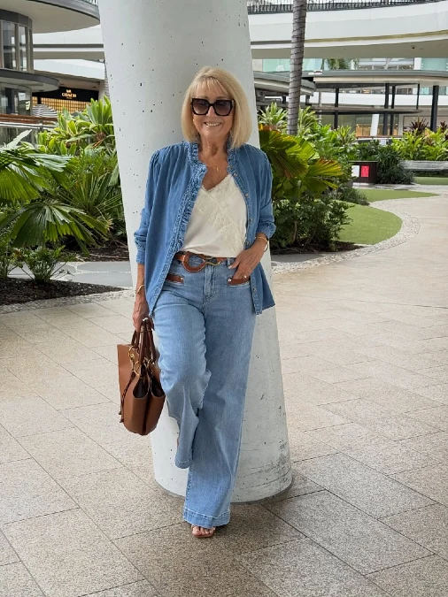 Chambray shirt white camisole and wide-leg jeans everyday outfit for women over 50