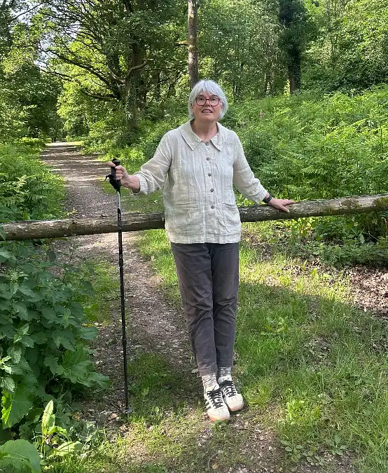 Linen shirt and charcoal hiking pants outfit for women over 50