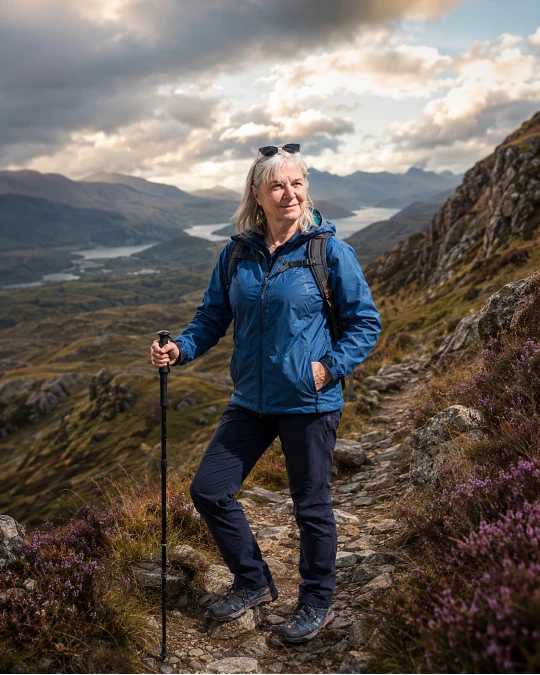 Blue shell jacket and navy trail pants hiking outfit for women over 50