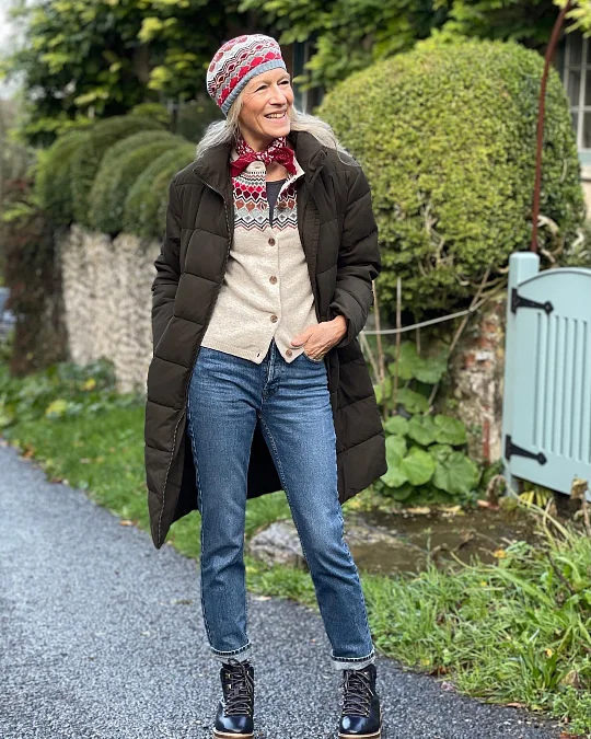 Fair Isle layers with straight jeans hiking outfit for women over 50