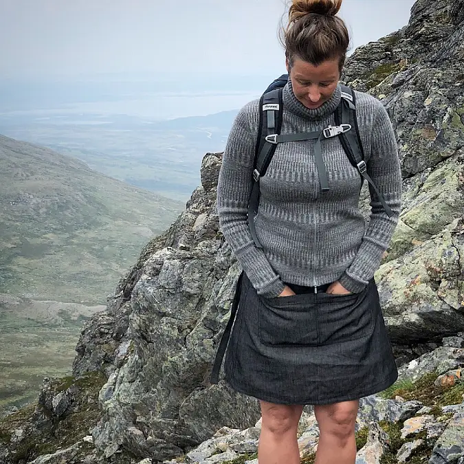 Gray knit and hiking skort outfit for women over 50