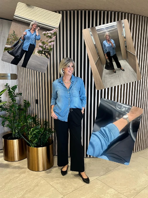 Relaxed chambray shirt with black wide-leg trousers everyday outfit for women over 50