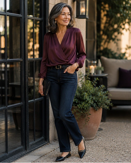 Dark jeans and special top for a casual 60th birthday party over 50
