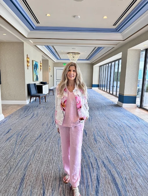 Floral jacket with pink linen matching set outfit for women over 50