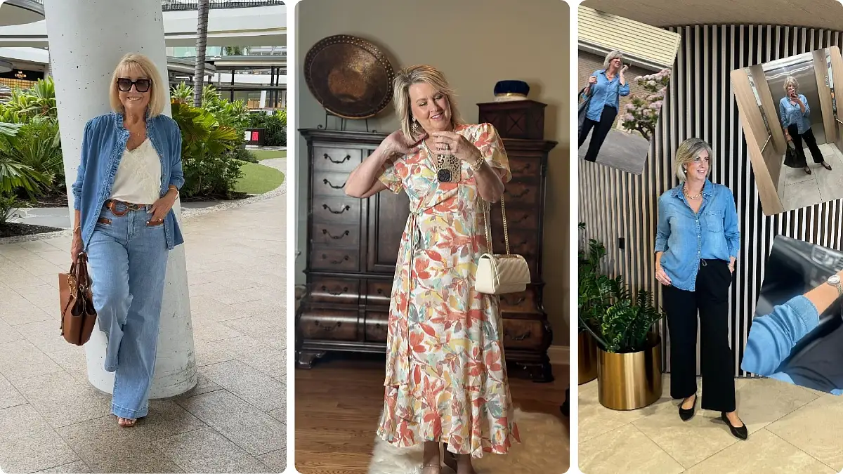 Everyday outfits for women over 50 with practical layers, denim, dresses, and polished casual pieces