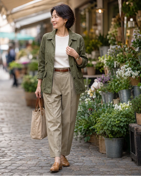 Khaki trousers utility jacket and loafers outfit for women over 50