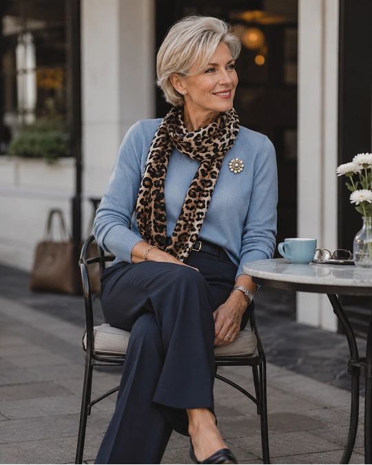 Cool blue leopard and brooch outfit details for women over 50