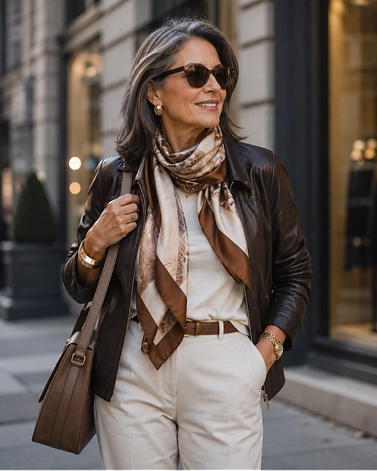 Scarf leather layer and statement accessories for women over 50
