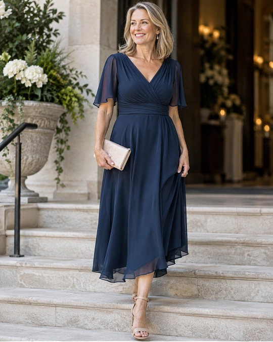 Three-piece wedding guest outfit formula for women over 50