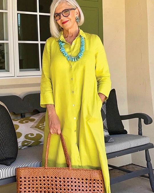 Lime green shirt dress with woven tote simple outfit for women over 50