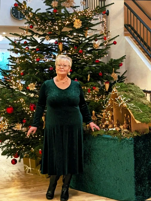 Deep green velvet Christmas dress for women over 50