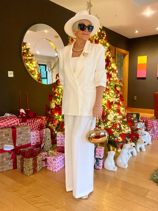 Winter white tailored Christmas outfit for women over 50