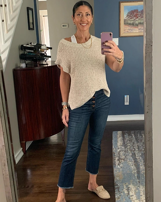 Slouchy knit and button-fly jeans casual outfit for women over 50