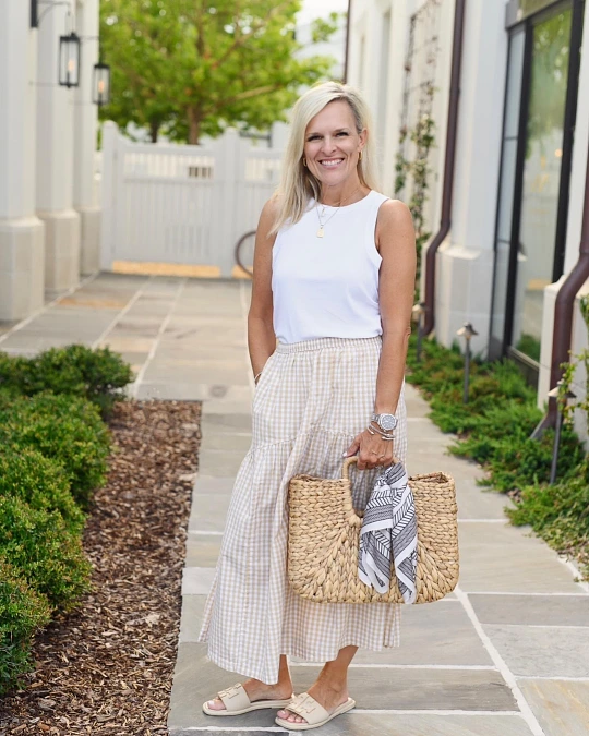 White tank and beige gingham midi skirt simple outfit for women over 50