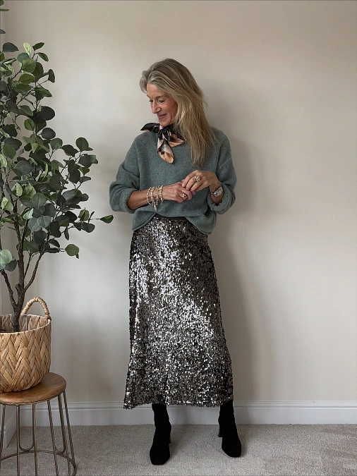 Sage green knit and silver sequin skirt Christmas outfit
