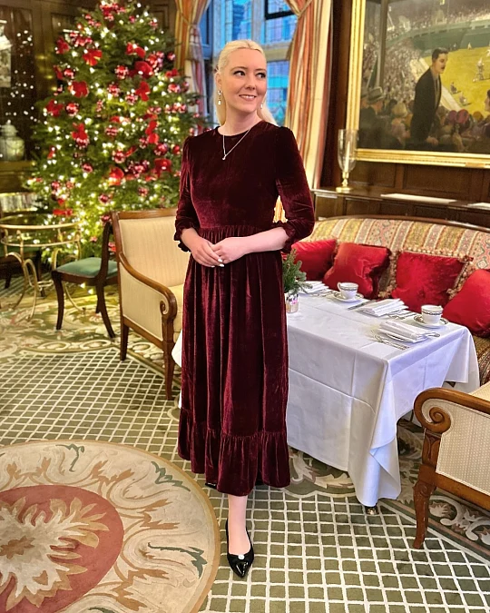 Burgundy velvet midi Christmas dress for women over 50