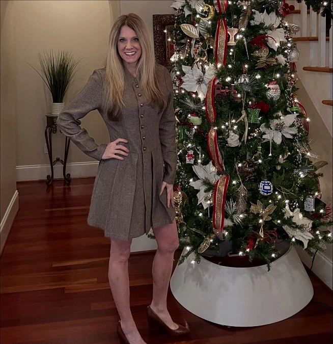 Tailored taupe Christmas dress for women over 50