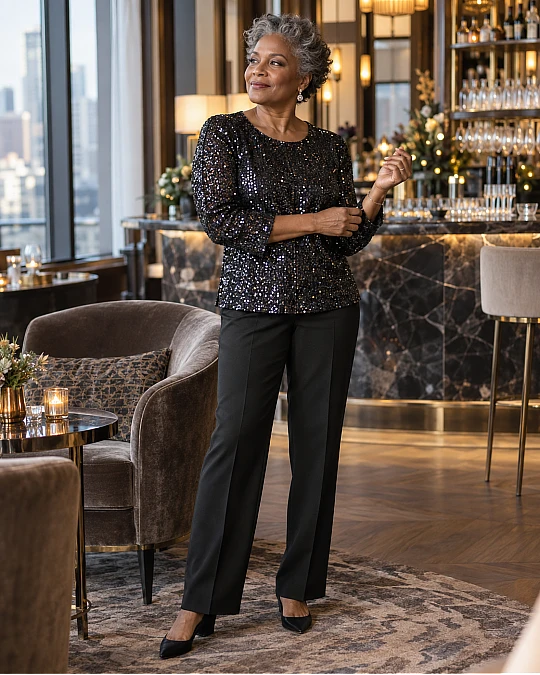 Sequin top with dark trousers New Year’s Eve outfit for women over 50