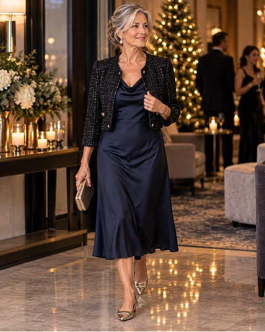 Midi dress cropped jacket and dressy flats New Year’s Eve outfit over 50