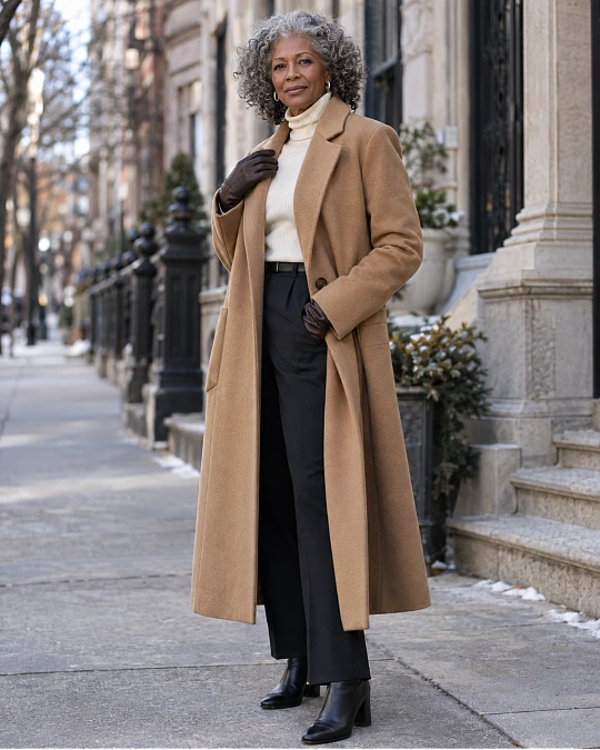 Winter coat creating a polished outfit shape for women over 50