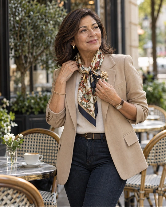 Scarf and brooch styling ideas for women over 50