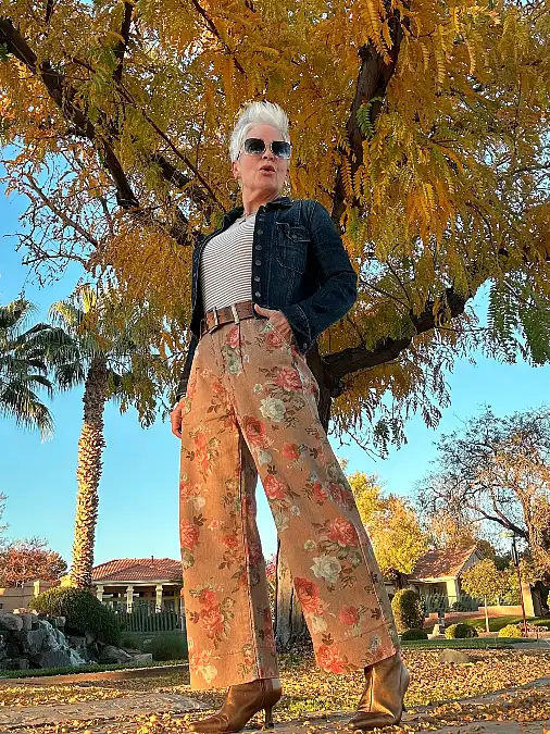 Floral wide-leg pants and denim jacket fall outfit