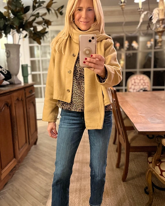 Camel jacket and leopard print fall outfit