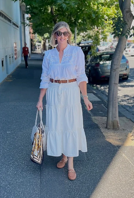 White blouse and tiered midi skirt fall outfit