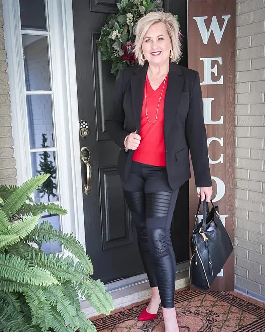 Red blouse with black blazer Thanksgiving outfit for women over 50
